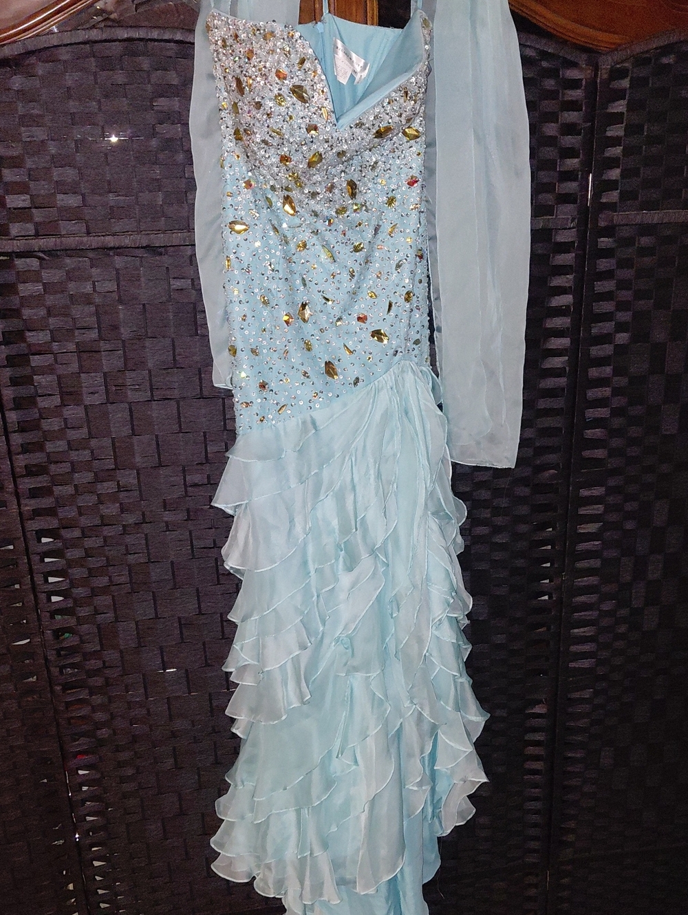 Light Aqua Beaded Ruffled Prom Dress